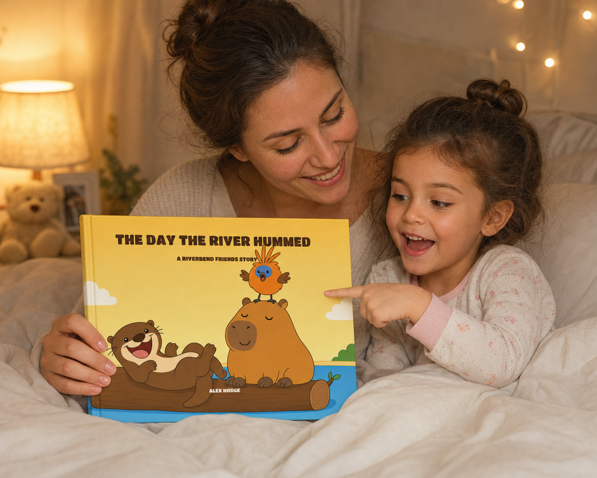 Mother and daughter reading The Day the River Hummed hardcover picture book at bedtime