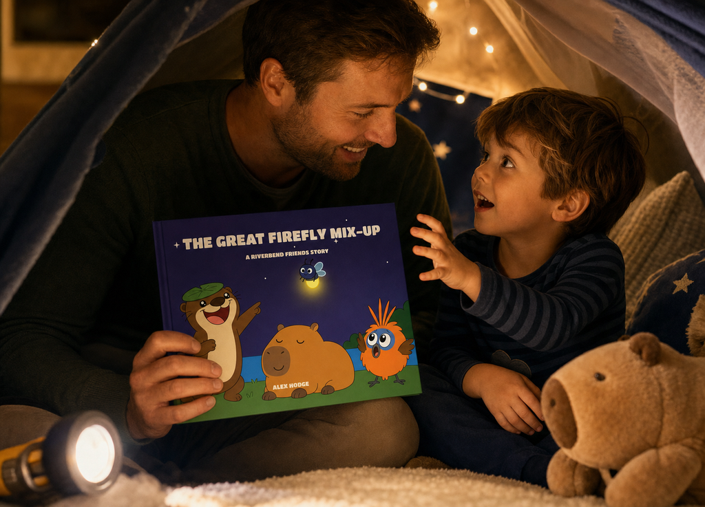 Father and son reading The Great Firefly Mix-Up hardcover in a blanket fort