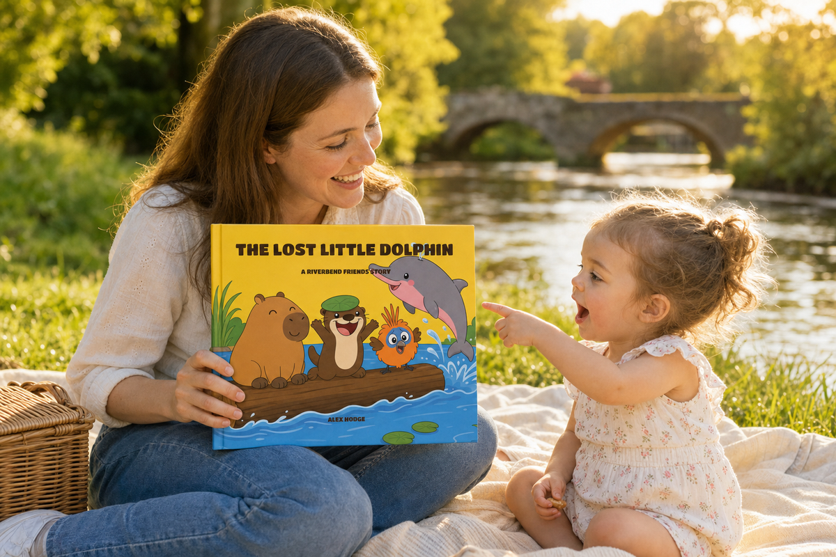Mother and toddler enjoying The Lost Little Dolphin hardcover at a riverside picnic