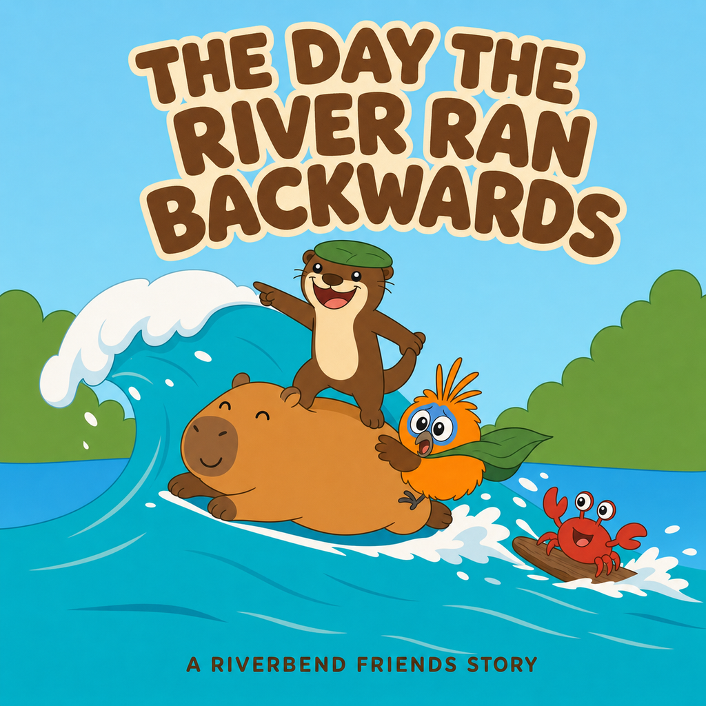 The Day the River Ran Backwards — Riverbend Friends key art with Cabo, Rio, Pip and Pinch surfing a big wave