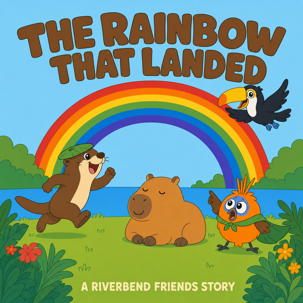 The Rainbow That Landed — Riverbend Friends key art with Cabo, Rio, Pip and Kiki the toucan under a giant rainbow