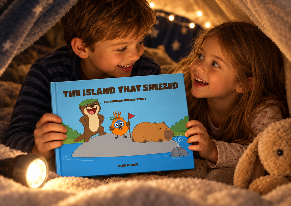 The Island That Sneezed — family reading the hardcover picture book at home