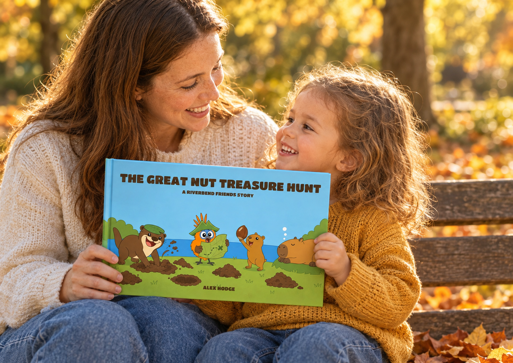 The Great Nut Treasure Hunt — family reading the hardcover picture book at home