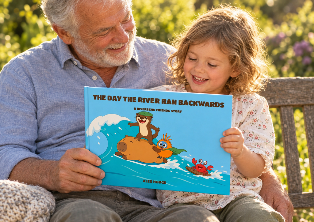 The Day the River Ran Backwards — family reading the hardcover picture book at home