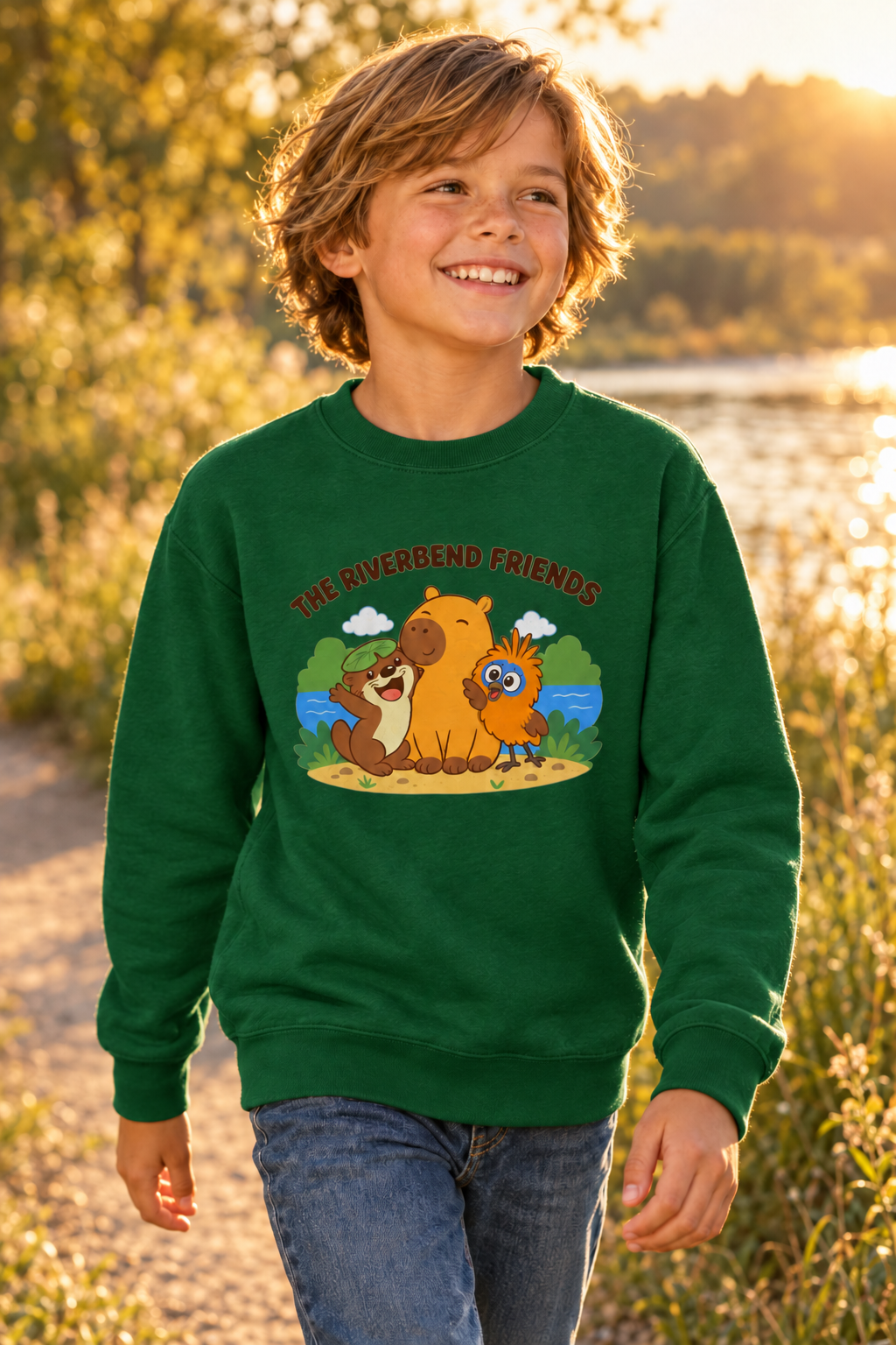 Riverbend Friends All Together kids sweatshirt in Bottle Green, lifestyle photo