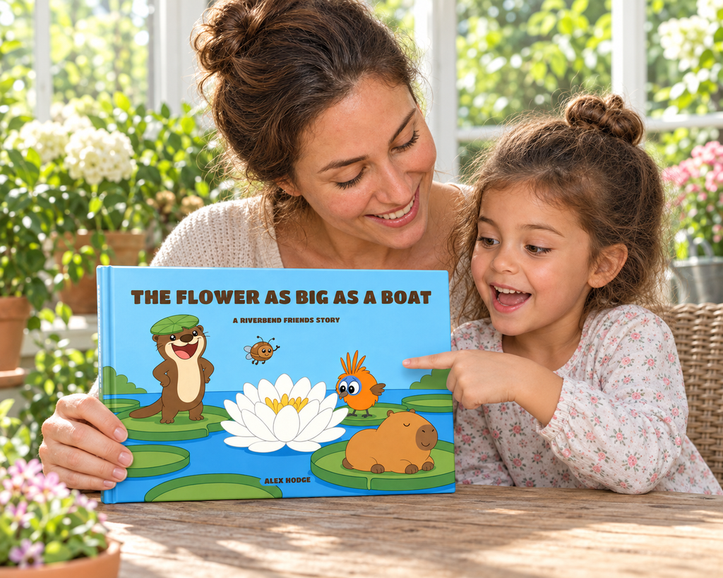 Mother and daughter with The Flower as Big as a Boat hardcover in a sunny conservatory