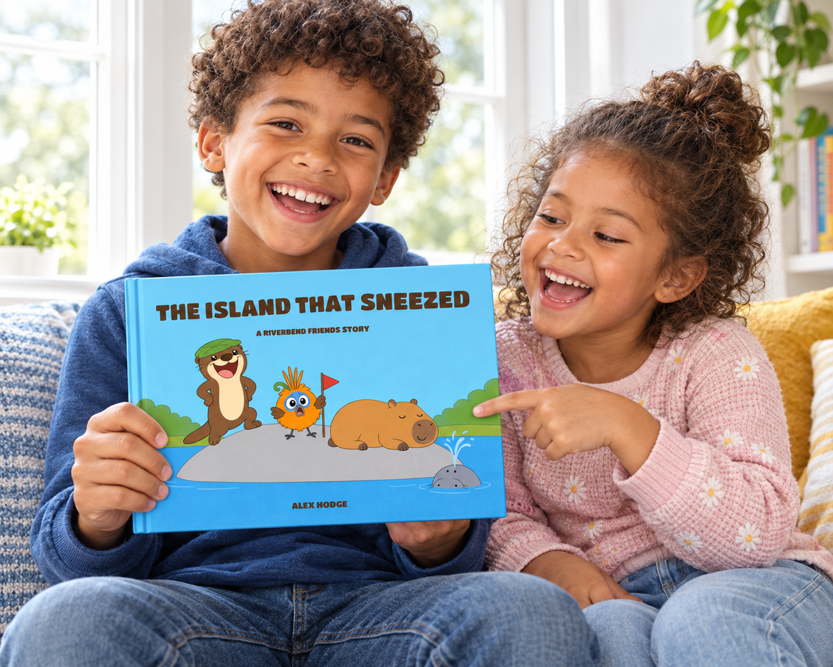 Brother and sister laughing over The Island That Sneezed hardcover on a window seat