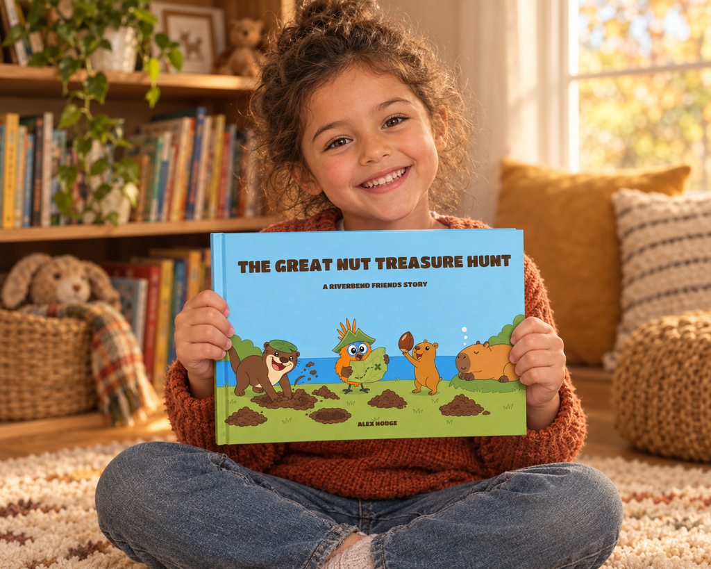 Child holding The Great Nut Treasure Hunt hardcover picture book in a reading corner