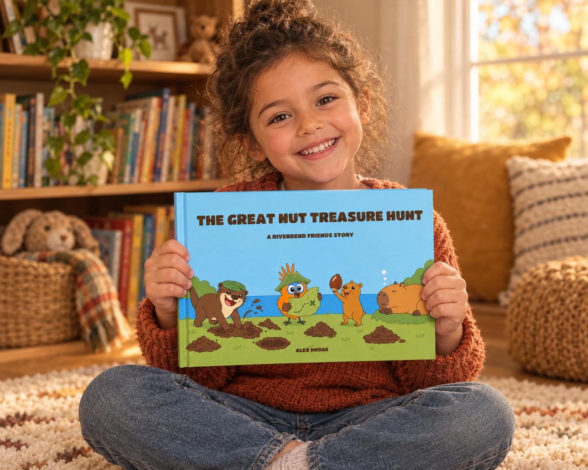 Child holding The Great Nut Treasure Hunt hardcover picture book in a reading corner
