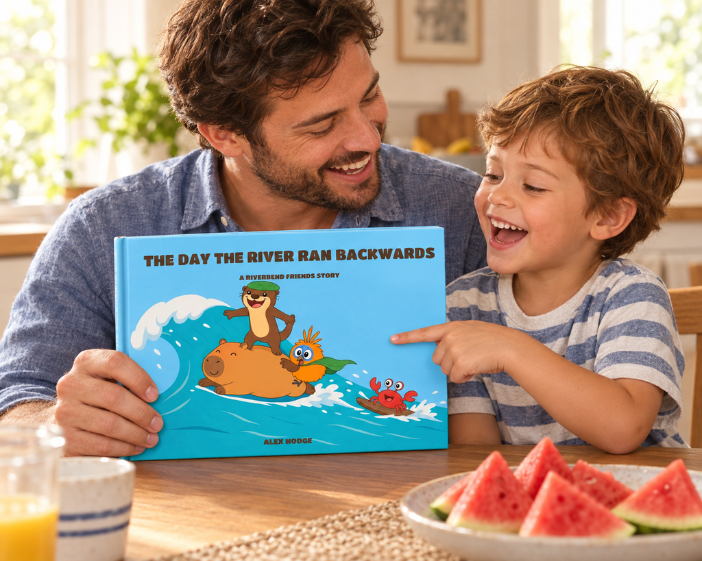 Father and son at breakfast with The Day the River Ran Backwards hardcover picture book