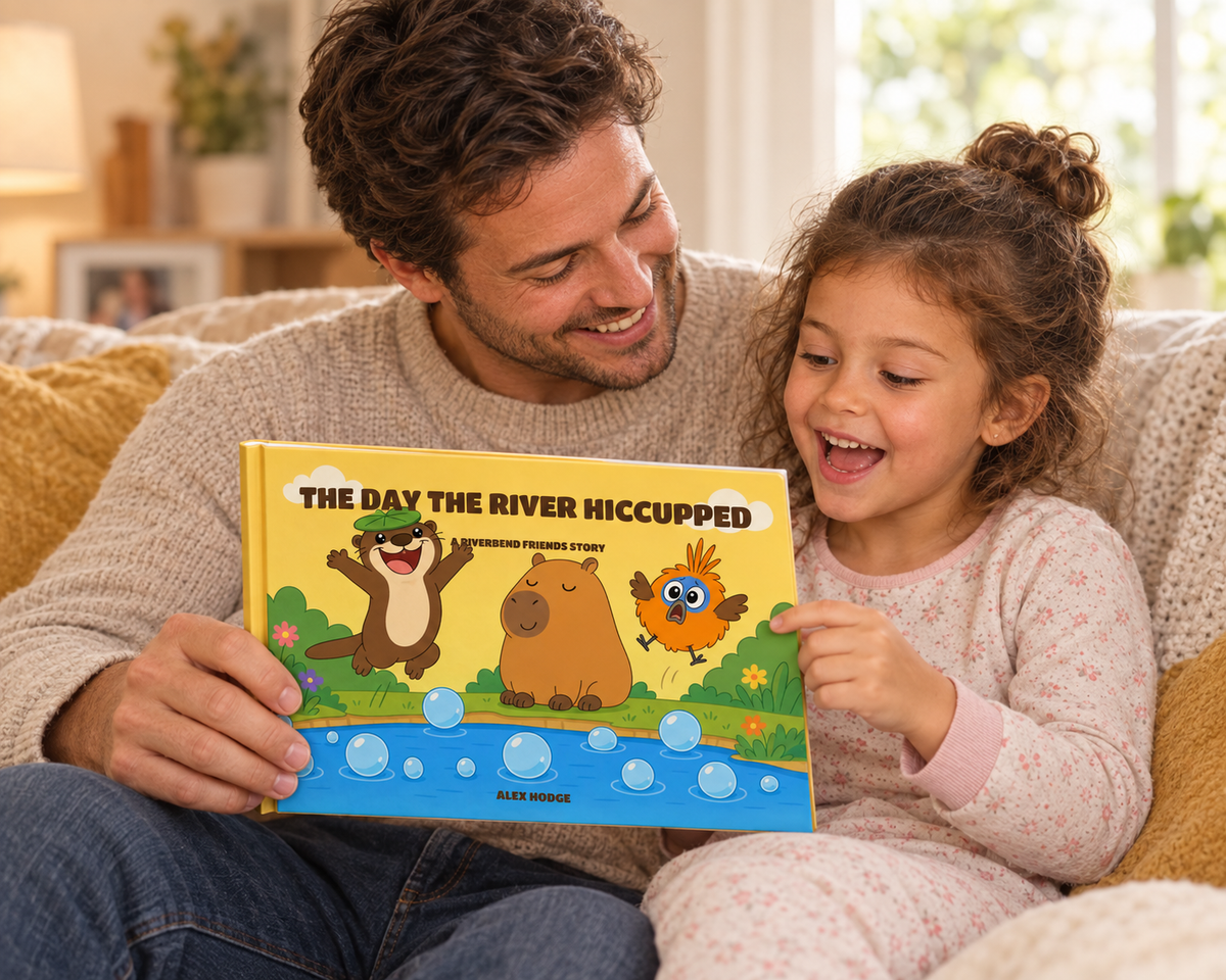 Father and daughter laughing over The Day the River Hiccupped hardcover picture book