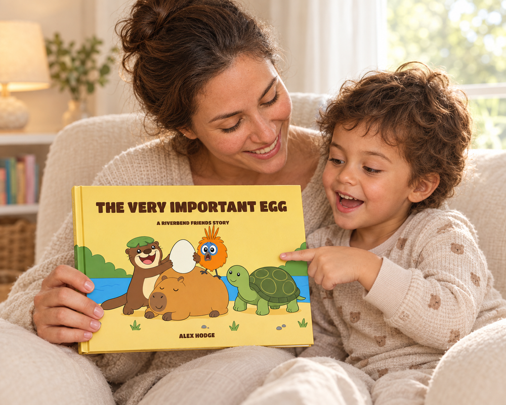Mother and son reading The Very Important Egg hardcover picture book in an armchair