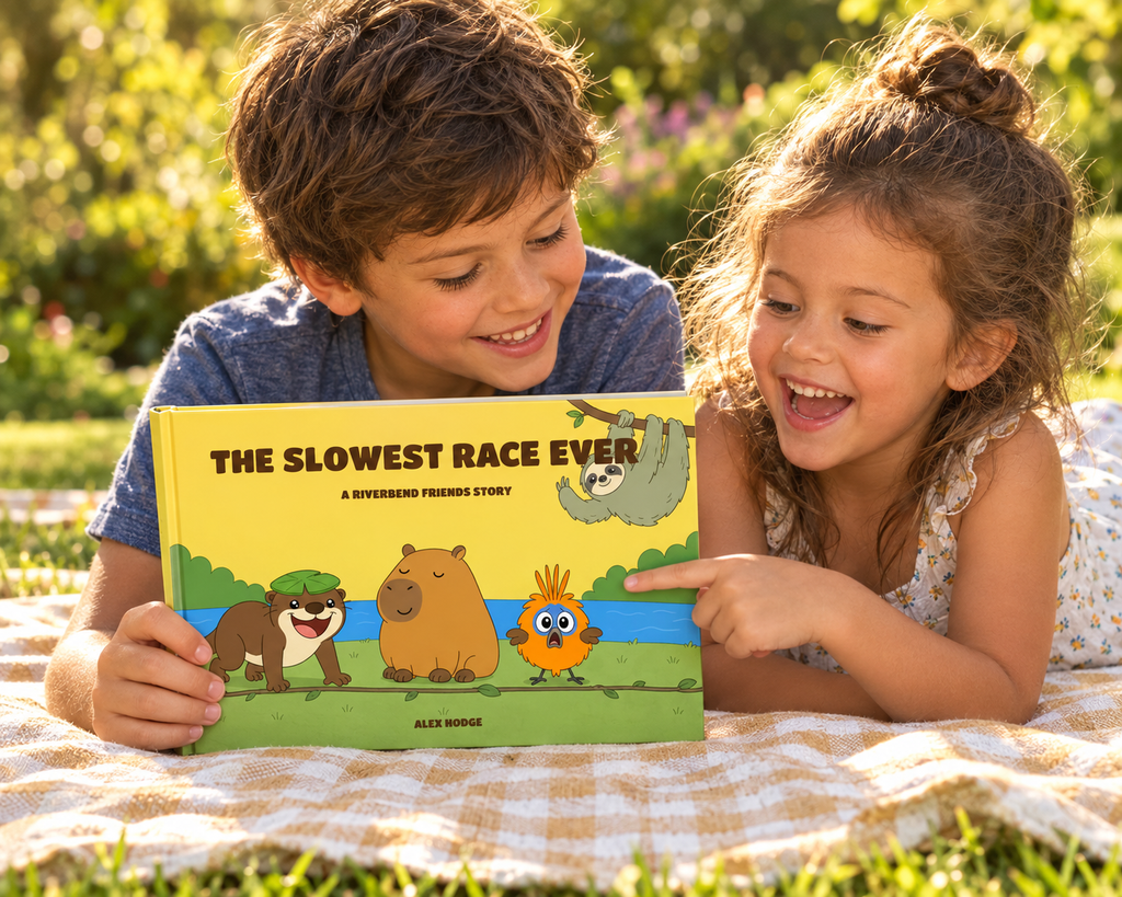 Two children reading The Slowest Race Ever hardcover picture book in the garden