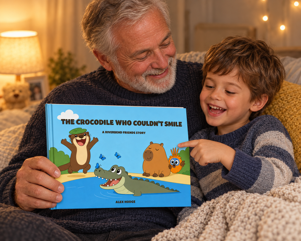 Grandfather and grandson reading The Crocodile Who Couldn't Smile hardcover together