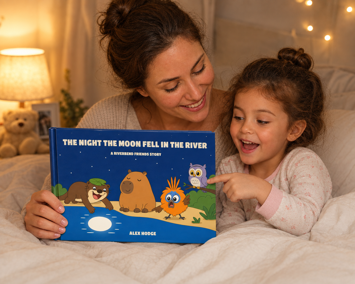 Mother and daughter at storytime with The Night the Moon Fell in the River hardcover