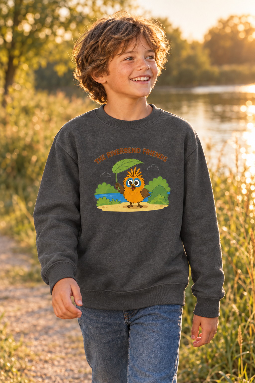 Riverbend Friends Pip kids sweatshirt in Charcoal, lifestyle photo