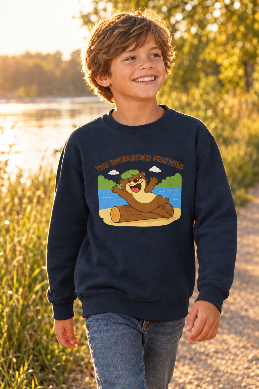Riverbend Friends Rio kids sweatshirt in New French Navy, lifestyle photo